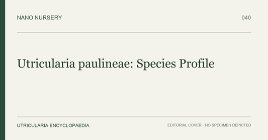 Nano Nursery editorial cover: Utricularia paulineae: Species Profile. Text only; no plant specimen is depicted.