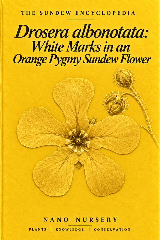 The Sundew Encyclopedia cover — Drosera albonotata: White Marks in an Orange Pygmy Sundew Flower