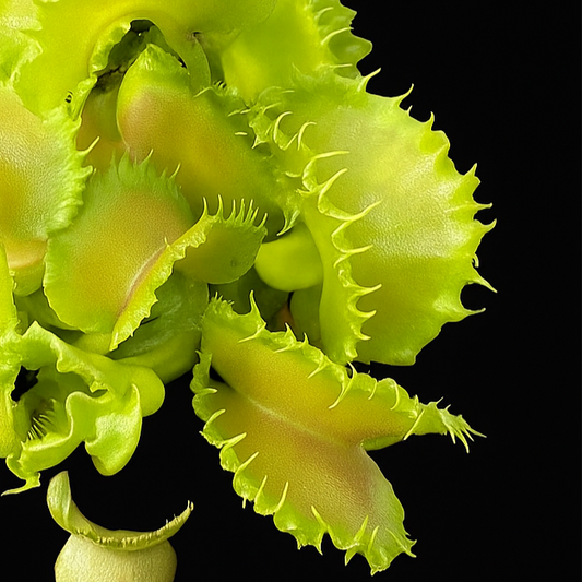 Close-up of a Venus flytrap DMaea Angry Lettuce with a black background
