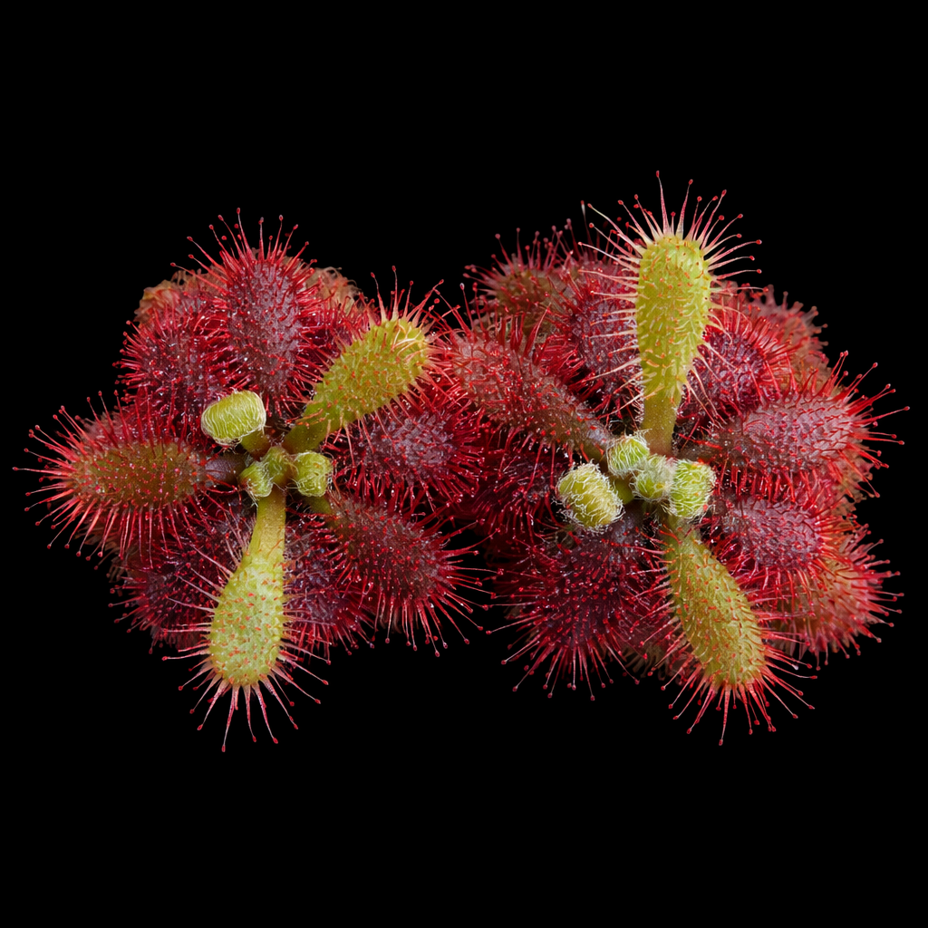 Close-up of red and green spiky plants on a black background Sundew Drosera tomentosa var. tomentosa