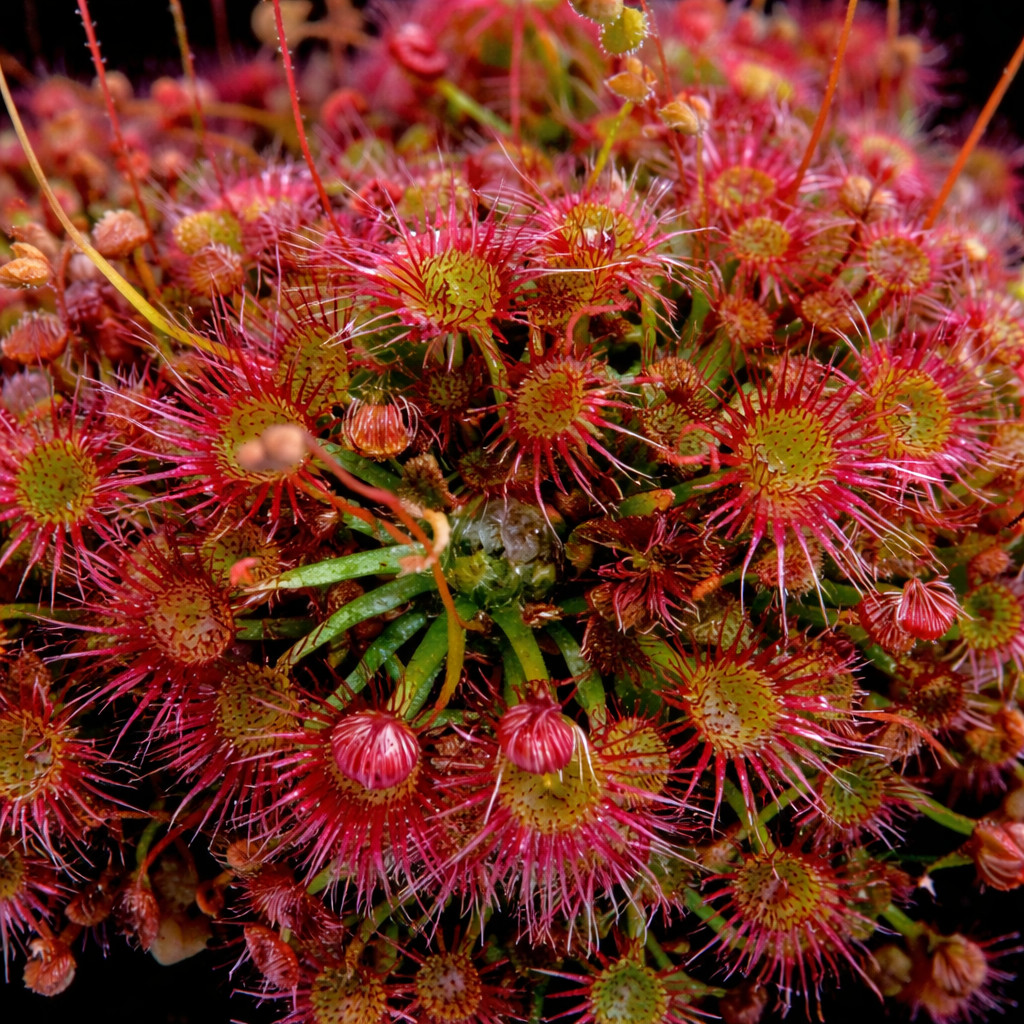 Close-up of pink and green spiky flowers with a dark background Drosera × legrandii