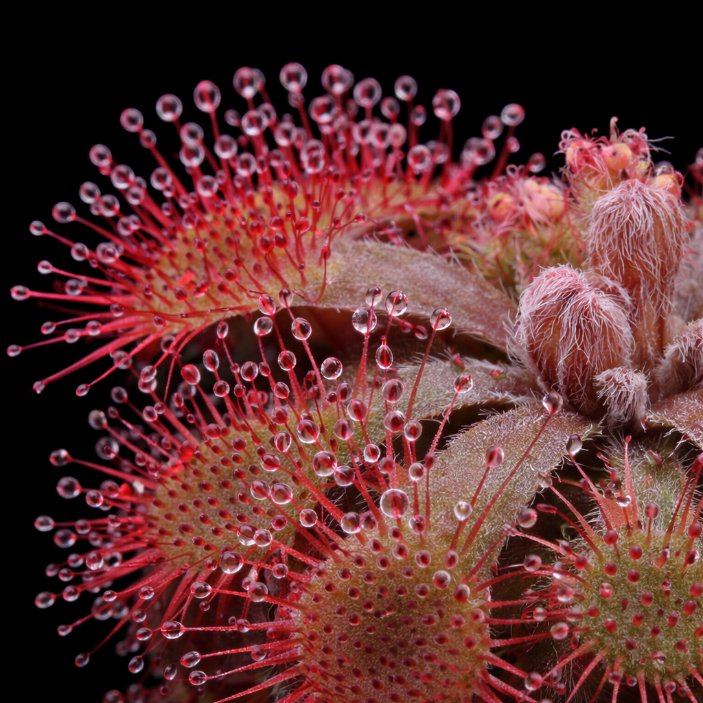 Close-up of a carnivorous plant with red and green colors on a black background Drosera rubrifolia Sundew