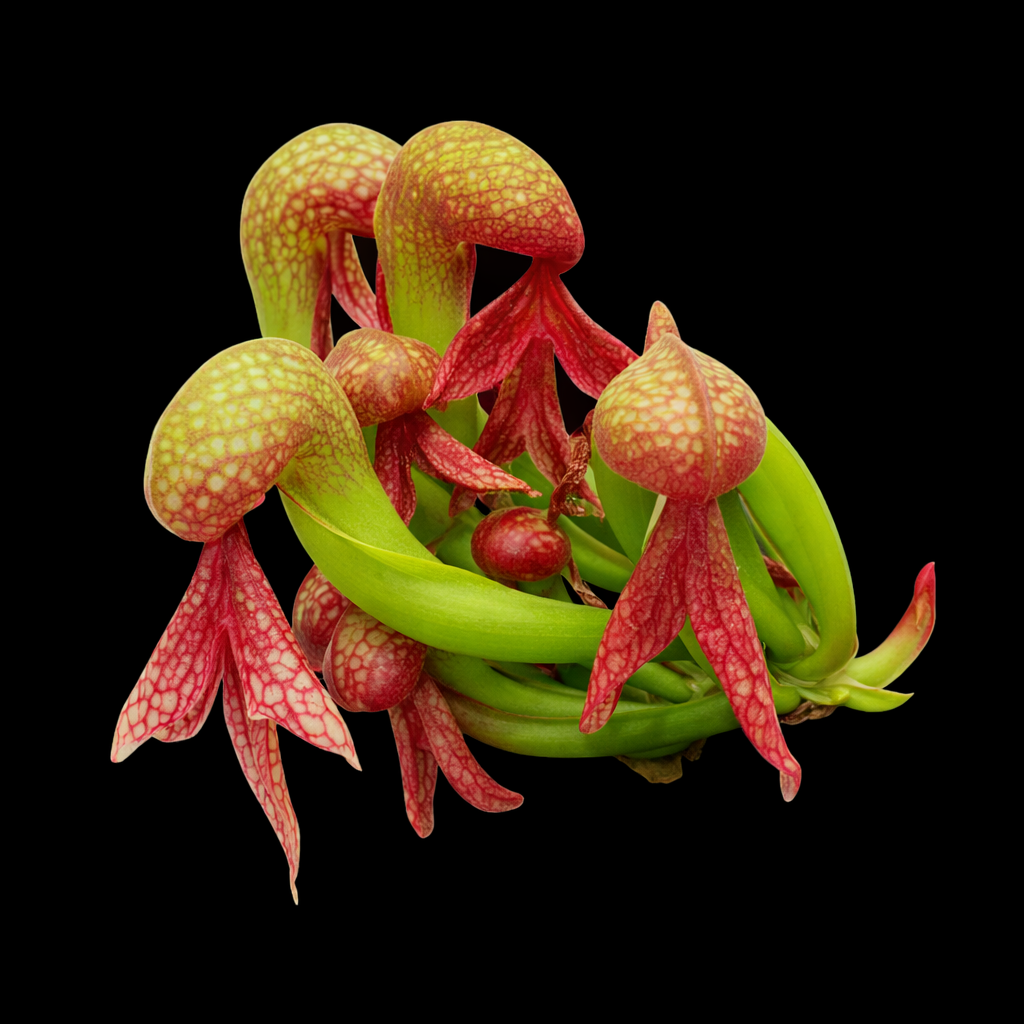 Close-up of a unique plant with pink and green leaves on a black background