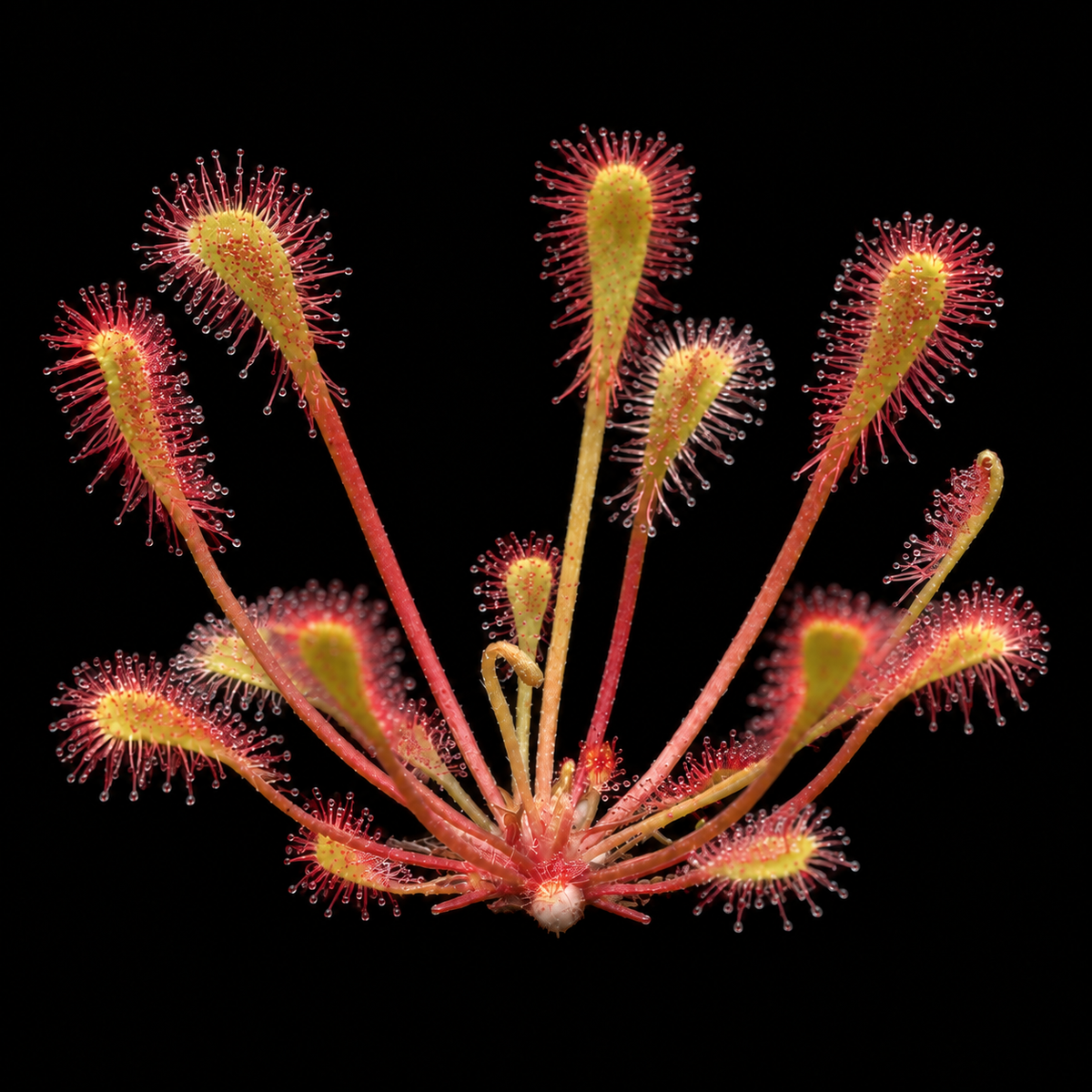 A close-up of a sundew plant with multiple reddish-pink sticky tentacles tipped with yellow-green adhesive droplets, set against a solid black background.
