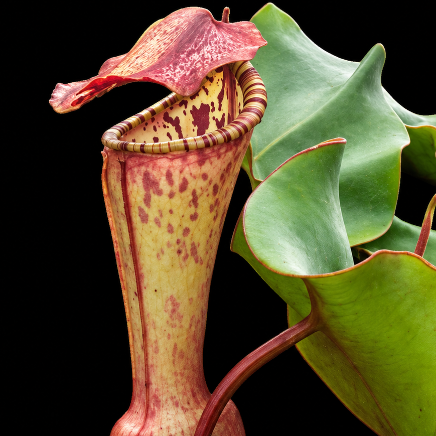 A close-up studio shot of a pitcher plant with large green leaves and a tall, narrow pitcher topped with a reddish-brown lid, set against a solid black background.