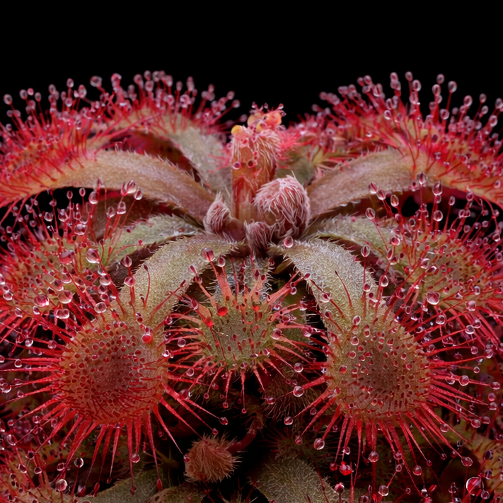 Close-up of a red and green carnivorous plant with a black background Sundew Drosera rubrifolia