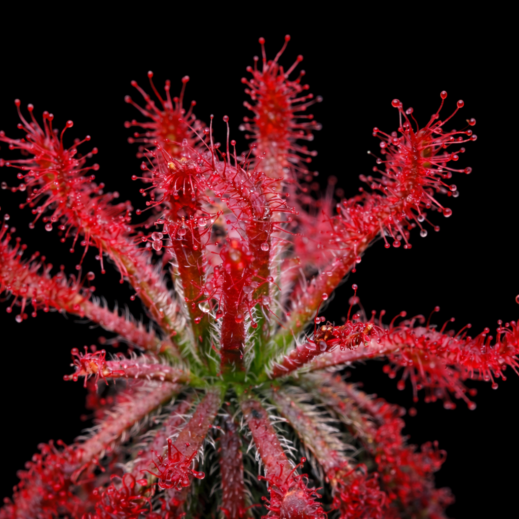 Close-up of a red carnivorous plant with a black background  Drosera Neocaledonica Sundew