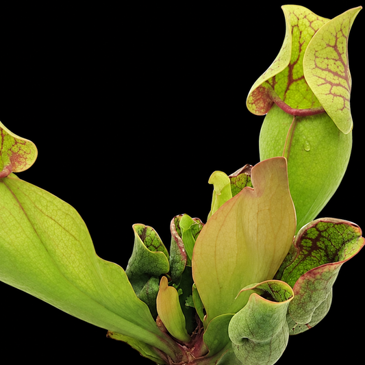 Sarracenia 'Clementia' pitcher plant isolated against a black background